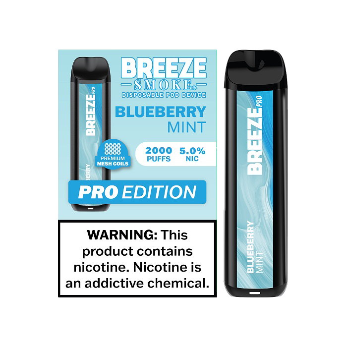 Breeze Pro 2000 Puffs Disposable Non Rechargeable Vape 5% Nicotine - Blueberry Mint
