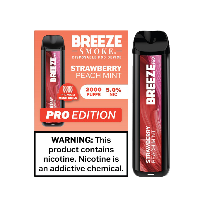 Breeze Pro 2000 Puffs Disposable Non Rechargeable Vape 5% Nicotine - Strawberry Peach Mint